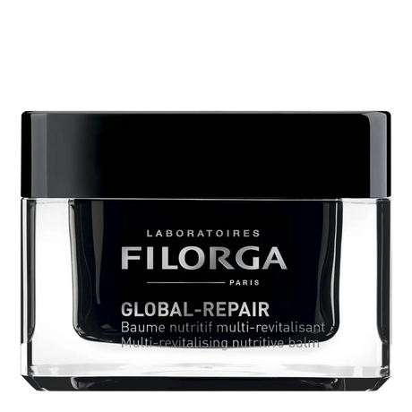 Filorga Global-Repair Balm, bálsamo nutritivo multi-revitalizante de 50 ml em boião preto com tampa preta.