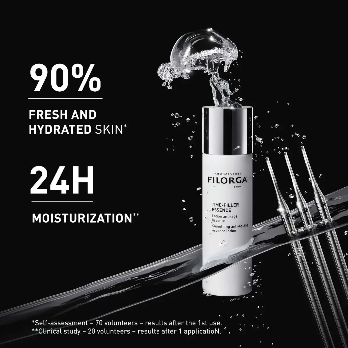 Frasco branco Filorga Time-Filler Essence, loção anti-idade alisadora de 150 ml com tampa prateada.