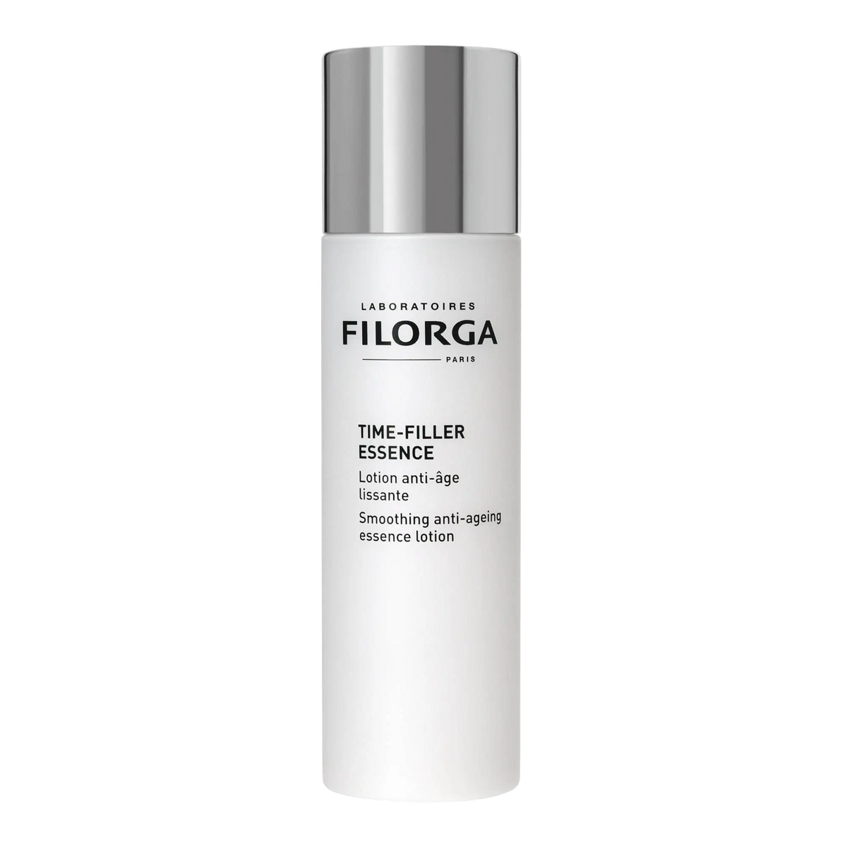 Frasco branco Filorga Time-Filler Essence, loção anti-idade alisadora de 150 ml com tampa prateada.