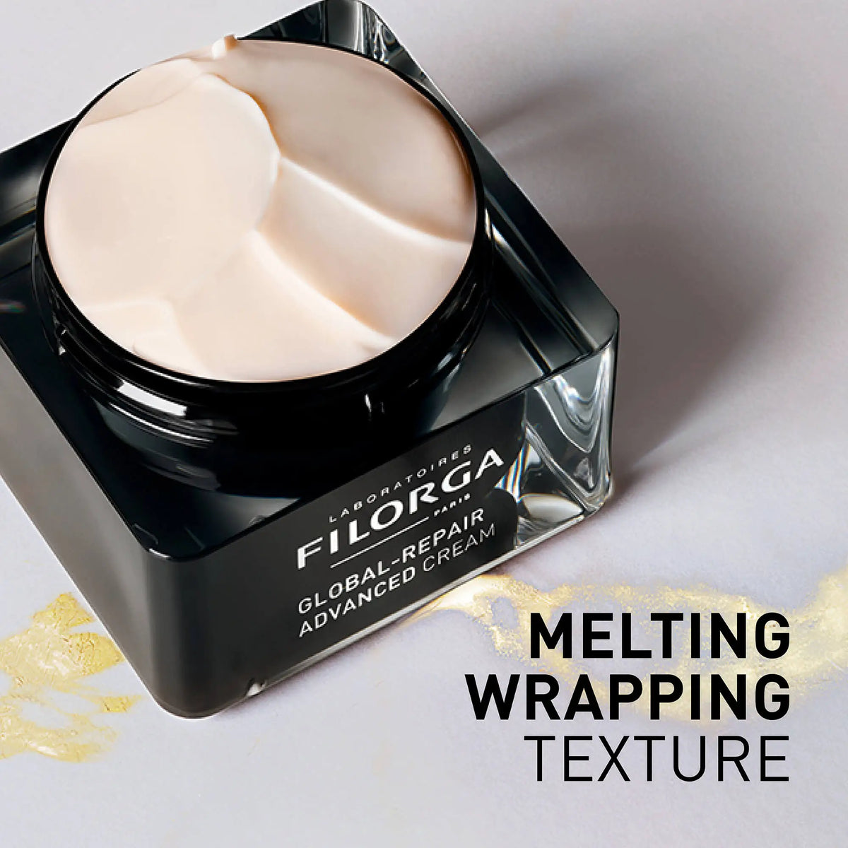 Frasco preto e transparente Filorga Global-Repair Advanced Cream, creme facial de 50 ml.