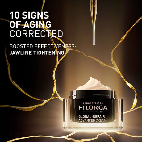 Frasco preto e transparente Filorga Global-Repair Advanced Cream, creme facial de 50 ml.