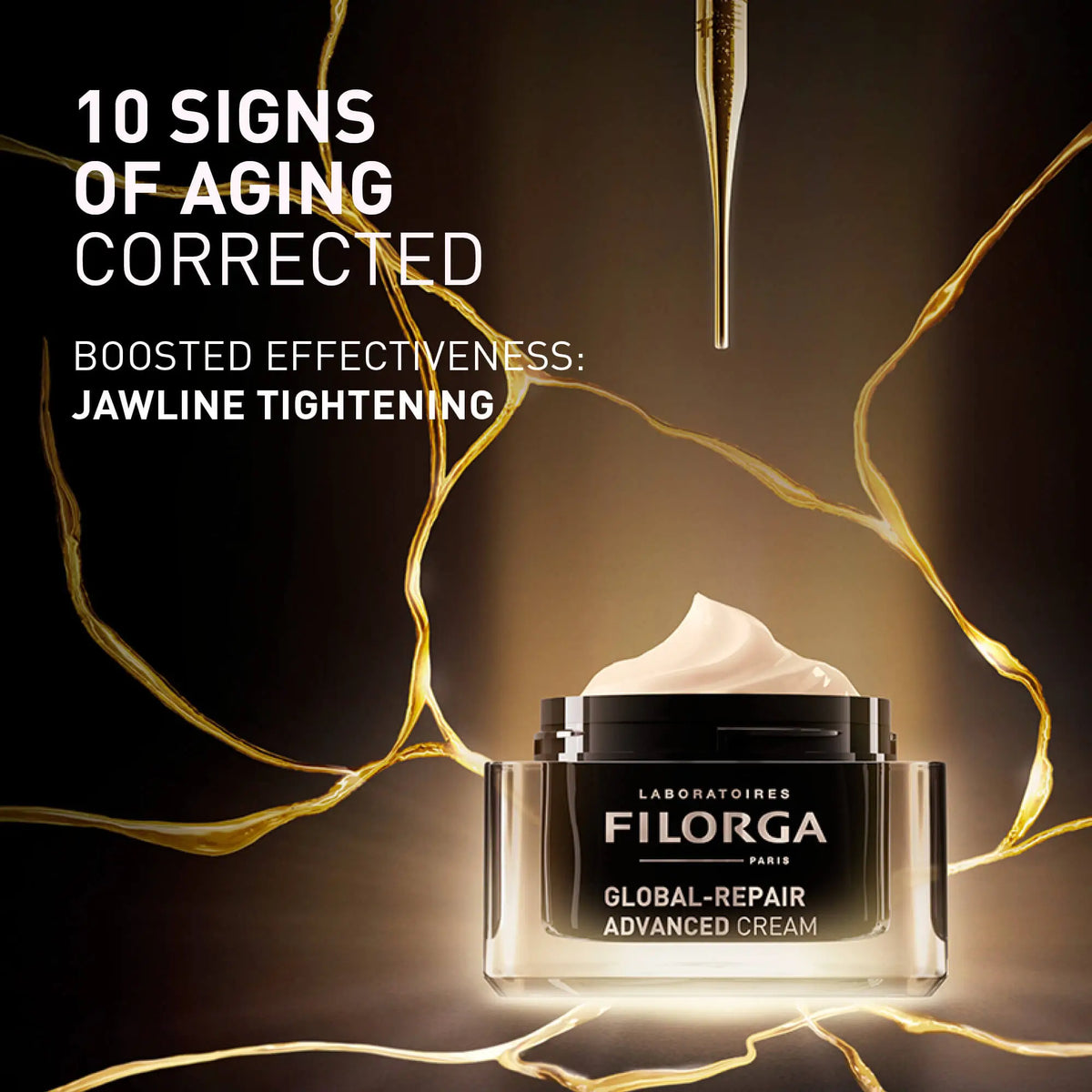 Frasco preto e transparente Filorga Global-Repair Advanced Cream, creme facial de 50 ml.