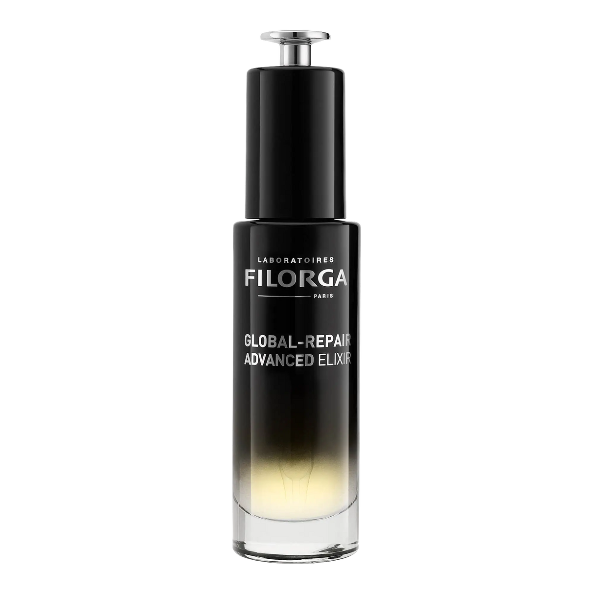 Filorga Global-Repair Advanced Elixir, sérum em óleo de 30 ml em frasco preto com doseador.