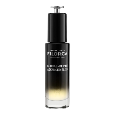 Filorga Global-Repair Advanced Elixir, sérum em óleo de 30 ml em frasco preto com doseador.