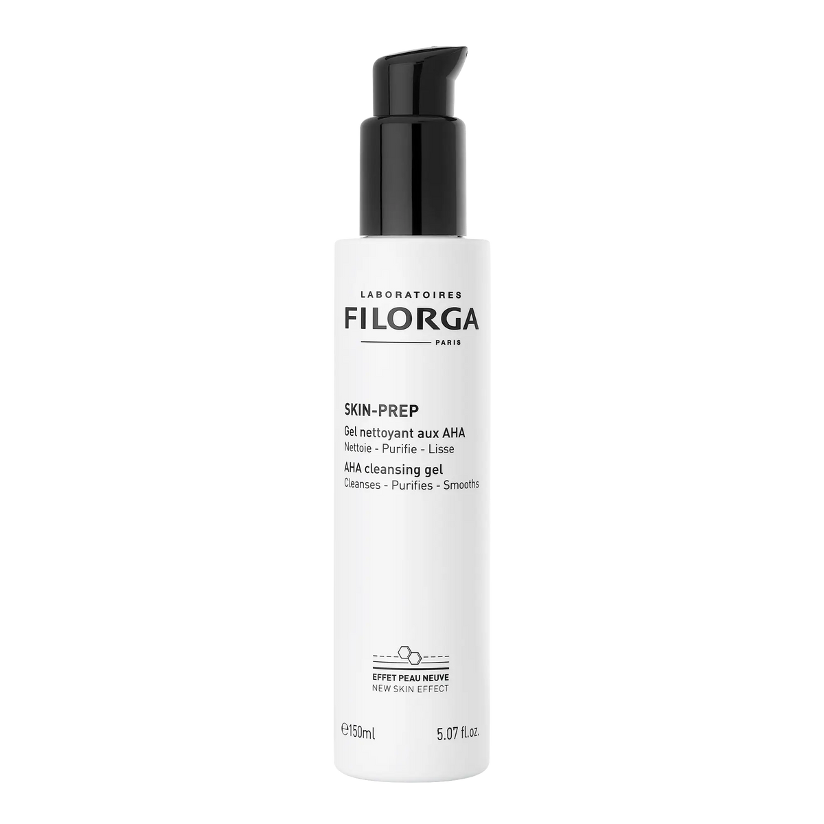 Frasco branco com pump do gel de limpeza Filorga Skin-Prep AHA, 150 ml.
