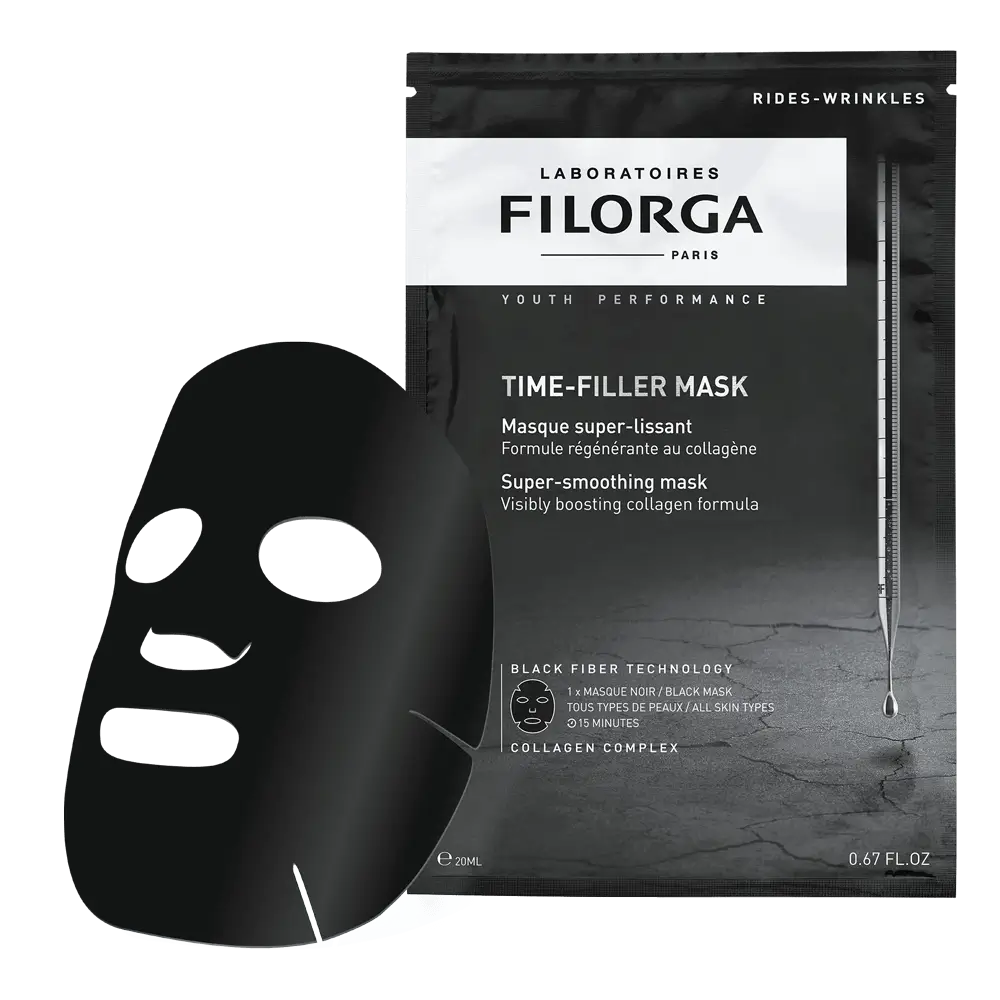Filorga Time-Filler Mask, máscara facial preta em fibra e saqueta preta de 20 ml.