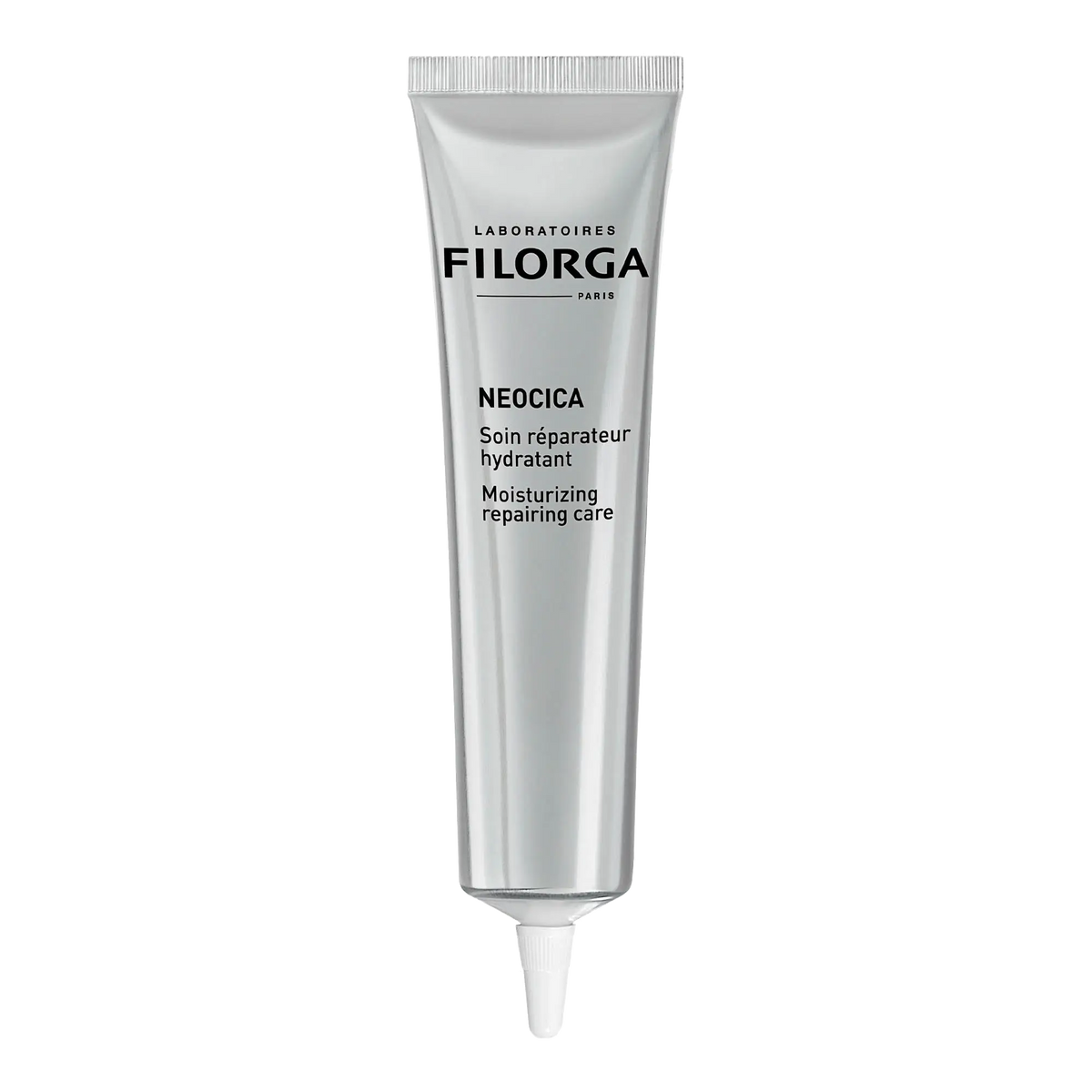 Filorga Neocica Cuidado Reparador Universal, tubo prateado de 40 ml com aplicador de precisão branco.