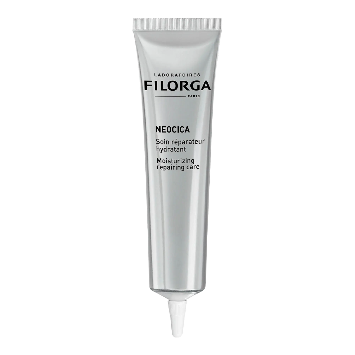 Filorga Neocica Cuidado Reparador Universal, tubo prateado de 40 ml com aplicador de precisão branco.