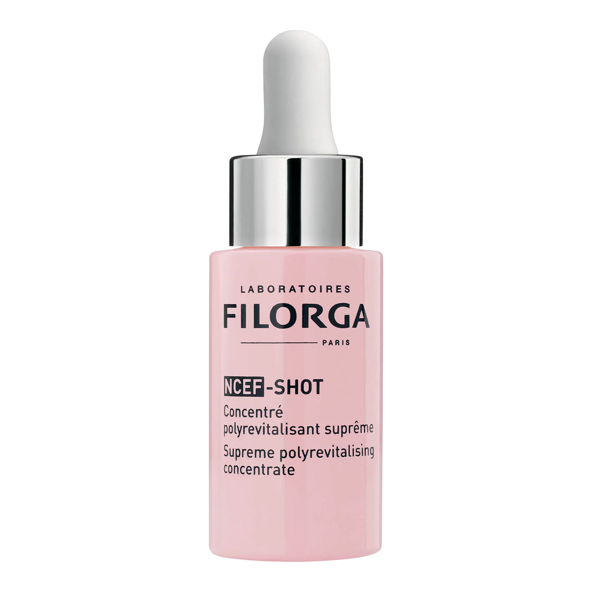 Frasco rosa Filorga NCEF-Shot Concentrado Polirrevitalizante Supremo de 15 ml com pipeta e tampa prateada.