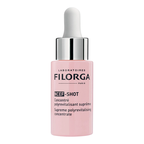 Frasco rosa Filorga NCEF-Shot Concentrado Polirrevitalizante Supremo de 15 ml com pipeta e tampa prateada.