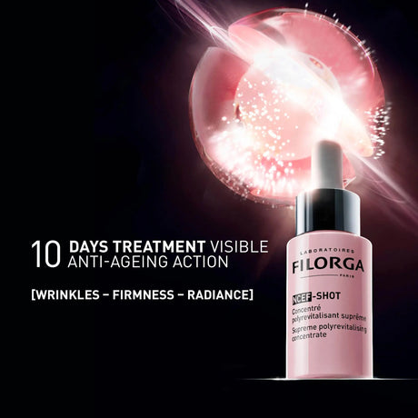 Frasco rosa Filorga NCEF-Shot Concentrado Polirrevitalizante Supremo de 15 ml com pipeta e tampa prateada.