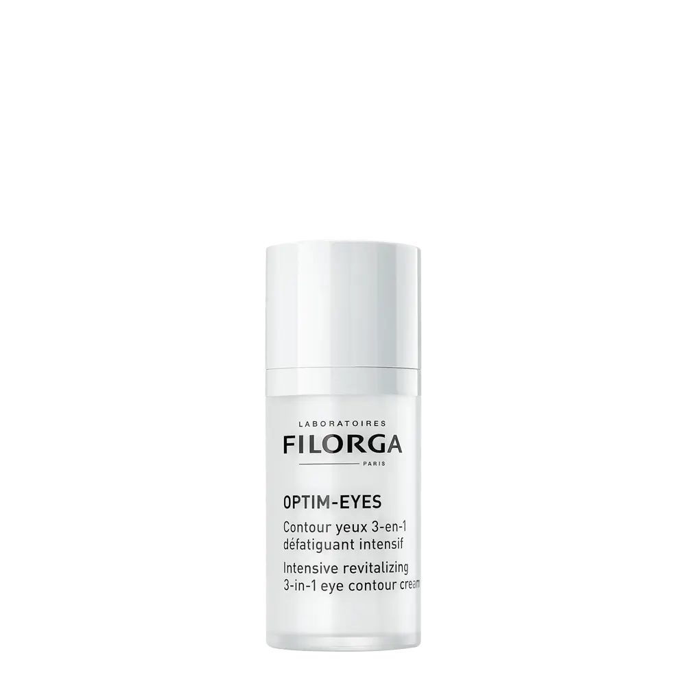 Filorga Optim-Eyes creme de contorno de olhos 3 em 1, frasco airless branco com doseador, 15 ml.
