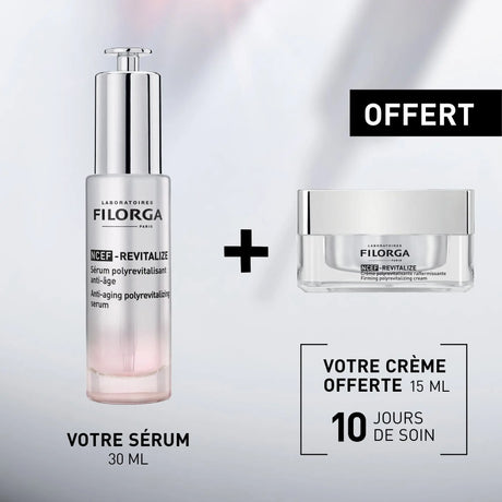 Coffret Filorga NCEF-Revitalize com embalagem preta, sérum de 30 ml e creme de 15 ml.