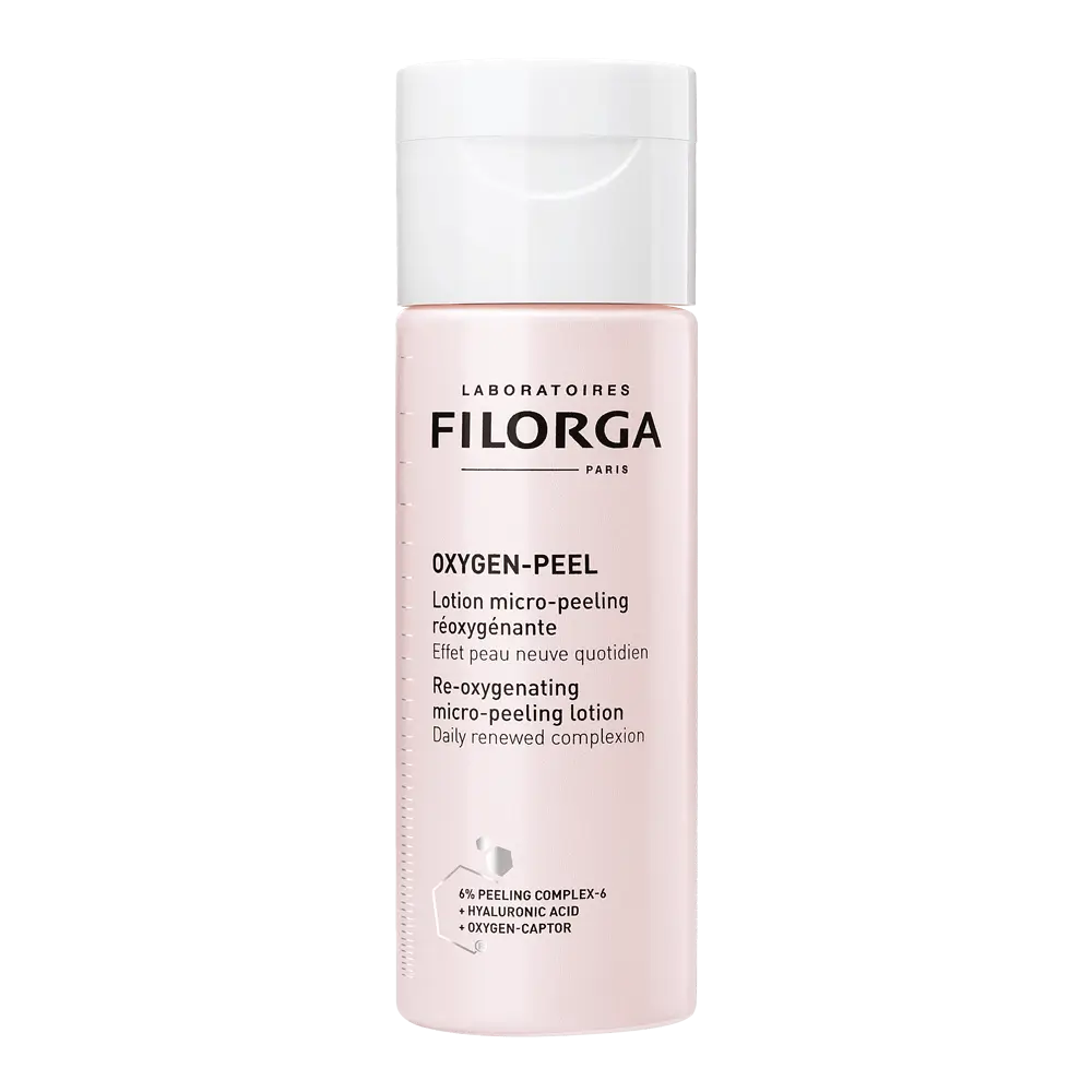 Filorga Oxygen-Peel loção micro-peeling reoxigenante facial em frasco rosa-claro com tampa branca, 150 ml.