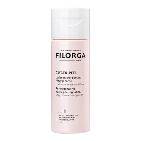 Filorga Oxygen-Peel loção micro-peeling reoxigenante facial em frasco rosa-claro com tampa branca, 150 ml.