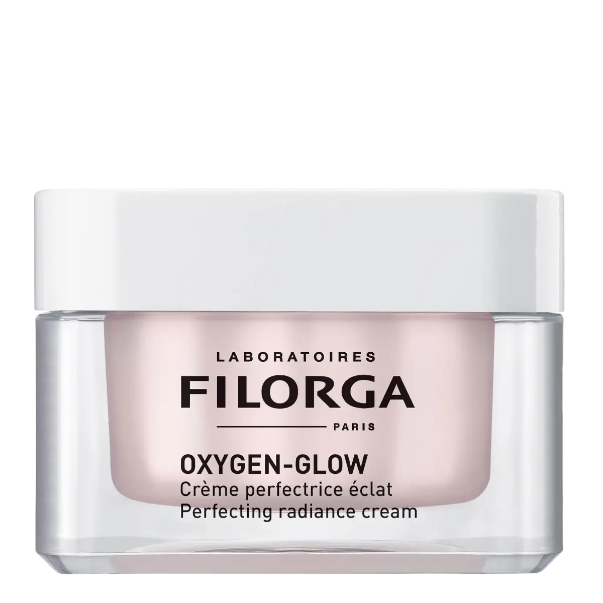 Filorga Oxygen-Glow creme super-aperfeiçoador iluminador 50 ml em boião transparente com tampa branca.