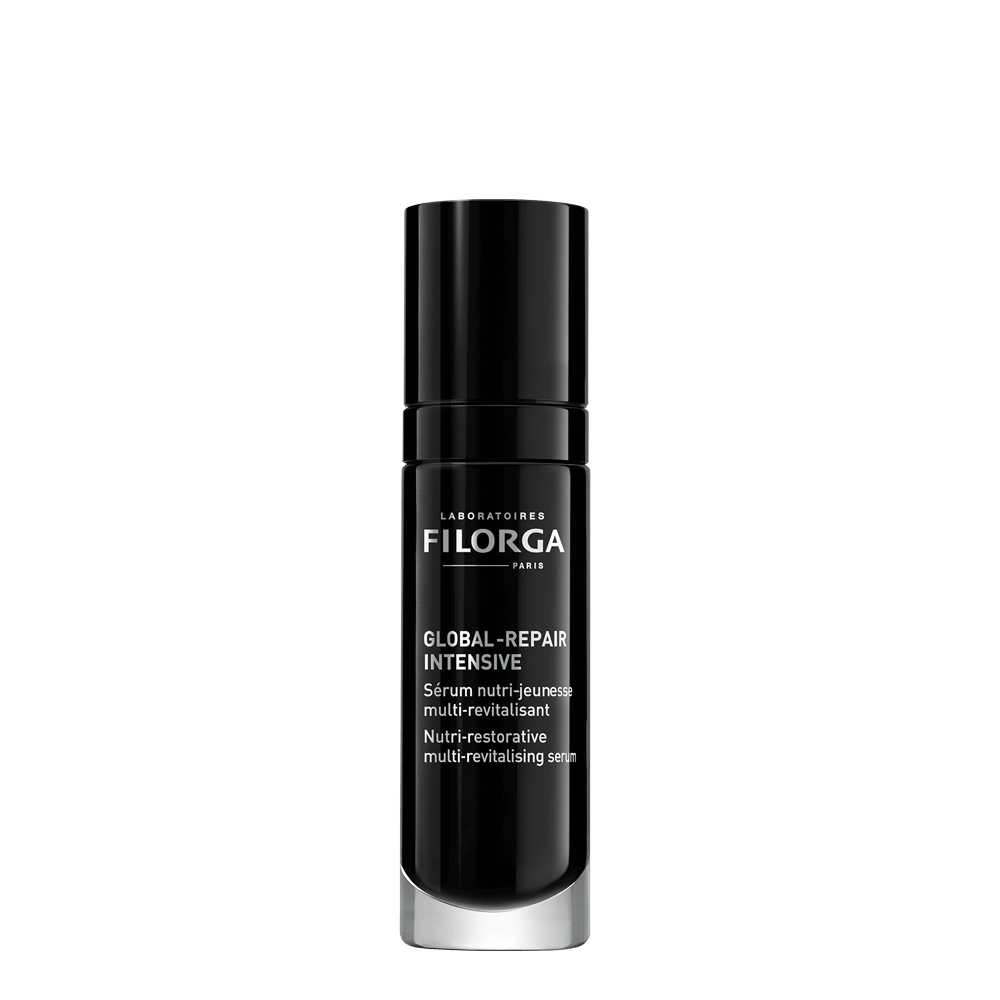 Frasco com pump preto do sérum Filorga Global-Repair Intensive, 30 ml.