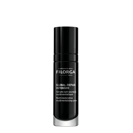 Frasco com pump preto do sérum Filorga Global-Repair Intensive, 30 ml.