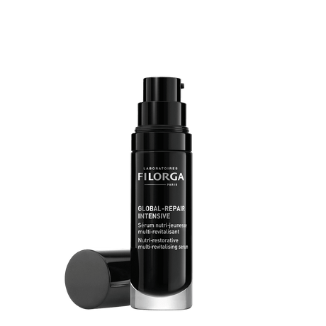 Frasco com pump preto do sérum Filorga Global-Repair Intensive, 30 ml.