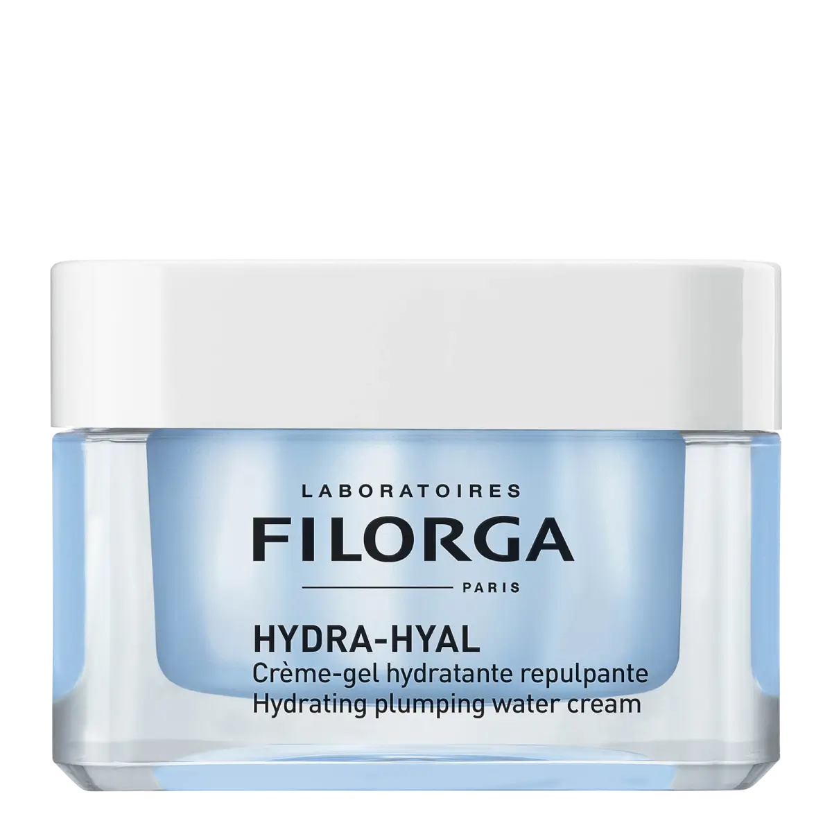 Filorga Hydra-Hyal Gel-Cream em boião azul translúcido com tampa branca, creme-gel facial hidratante, 50 ml.