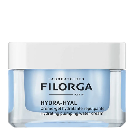 Filorga Hydra-Hyal Gel-Cream em boião azul translúcido com tampa branca, creme-gel facial hidratante, 50 ml.