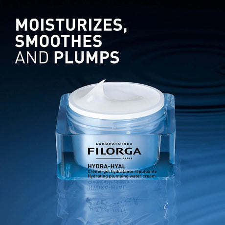 Filorga Hydra-Hyal Gel-Cream em boião azul translúcido com tampa branca, creme-gel facial hidratante, 50 ml.
