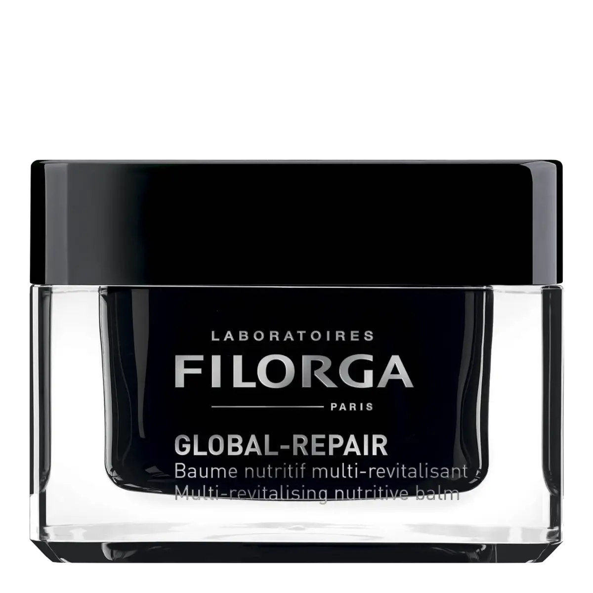 Filorga Global-Repair Balm, bálsamo nutritivo multi-revitalizante de 50 ml em boião preto com tampa preta.