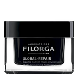 Filorga Global-Repair Balm, bálsamo nutritivo multi-revitalizante de 50 ml em boião preto com tampa preta.