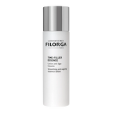 Frasco branco Filorga Time-Filler Essence, loção anti-idade alisadora de 150 ml com tampa prateada.