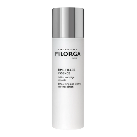 Frasco branco Filorga Time-Filler Essence, loção anti-idade alisadora de 150 ml com tampa prateada.
