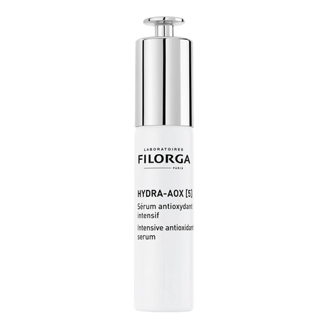 Frasco branco Filorga Hydra-AOX [5], sérum antioxidante intensivo de 30 ml, com doseador prateado.