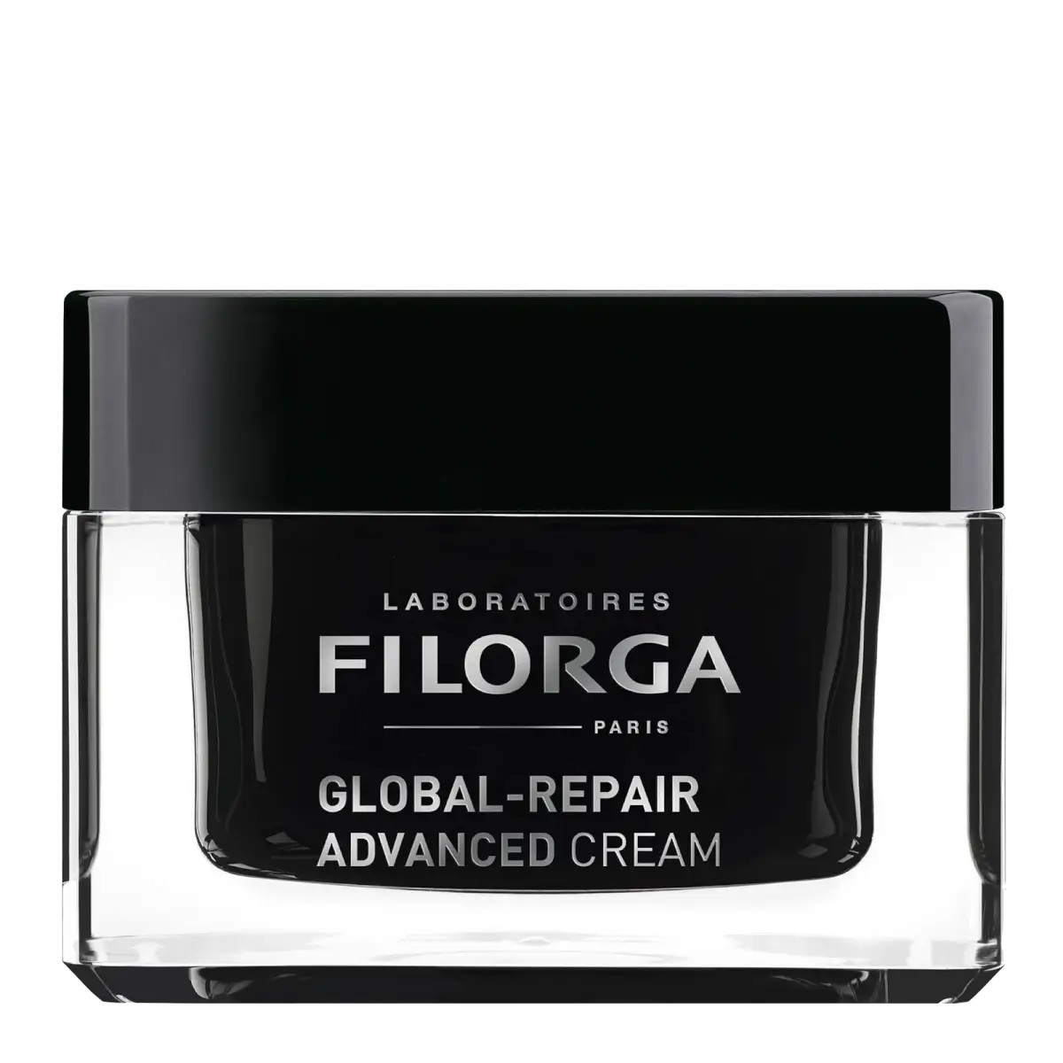 Frasco preto e transparente Filorga Global-Repair Advanced Cream, creme facial de 50 ml.