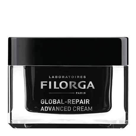 Frasco preto e transparente Filorga Global-Repair Advanced Cream, creme facial de 50 ml.