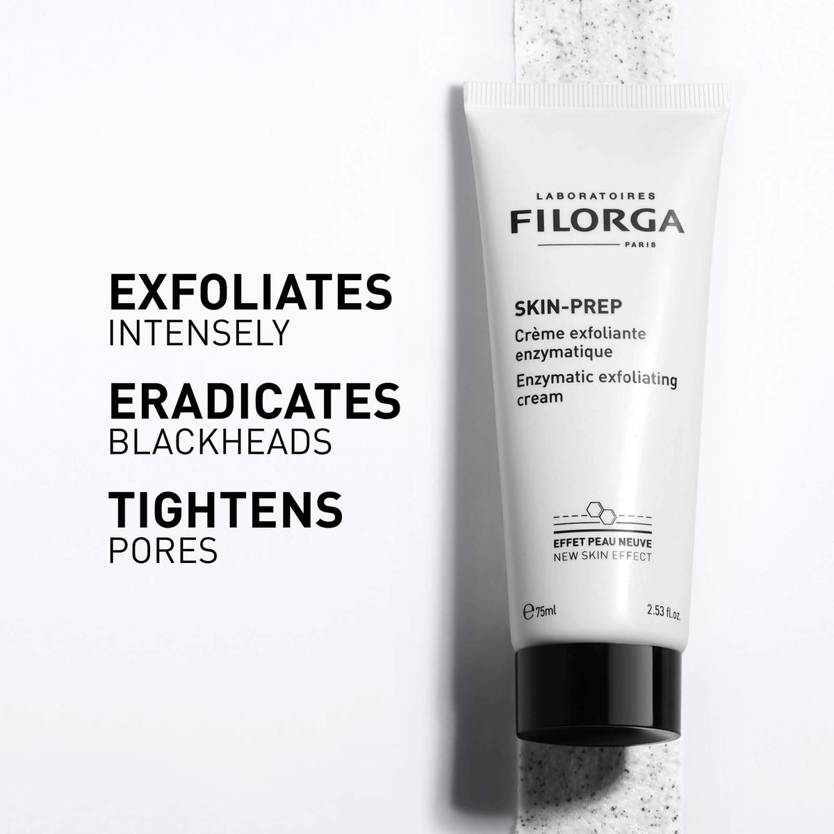 Tubo branco Filorga Skin-Prep Creme Esfoliante Enzimático, 75 ml, com tampa preta.