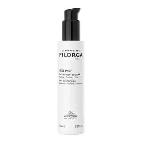 Frasco branco com pump do gel de limpeza Filorga Skin-Prep AHA, 150 ml.