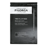 Filorga Time-Filler Mask, máscara facial preta em fibra e saqueta preta de 20 ml.