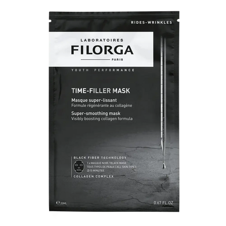 Filorga Time-Filler Mask, máscara facial preta em fibra e saqueta preta de 20 ml.