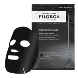 Filorga Time-Filler Mask, máscara facial preta em fibra e saqueta preta de 20 ml.