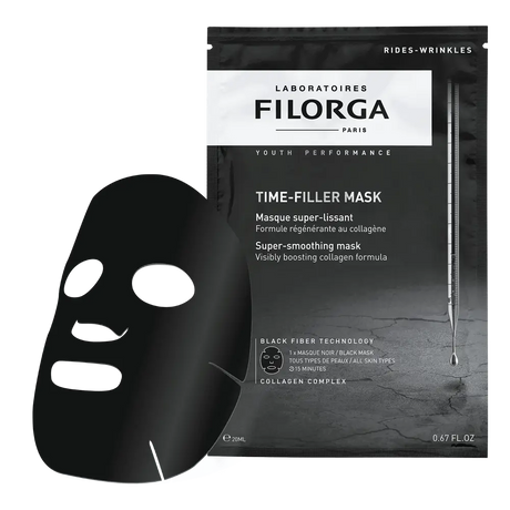 Filorga Time-Filler Mask, máscara facial preta em fibra e saqueta preta de 20 ml.