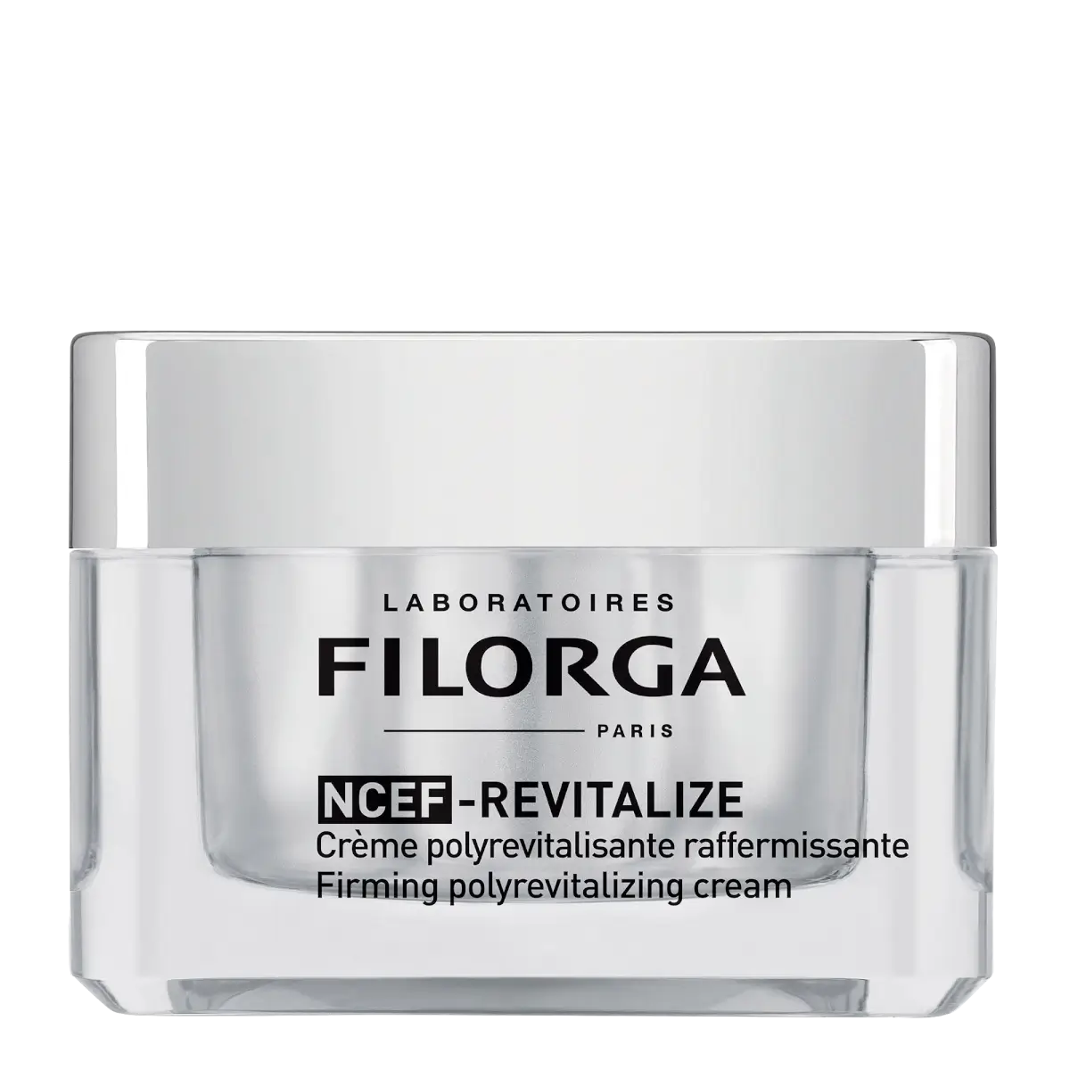 Filorga NCEF-Revitalize creme polirrevitalizante refirmante de 50 ml em boião transparente com tampa prateada.