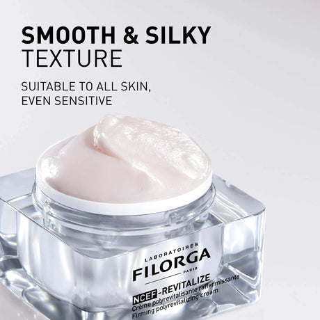 Filorga NCEF-Revitalize creme polirrevitalizante refirmante de 50 ml em boião transparente com tampa prateada.