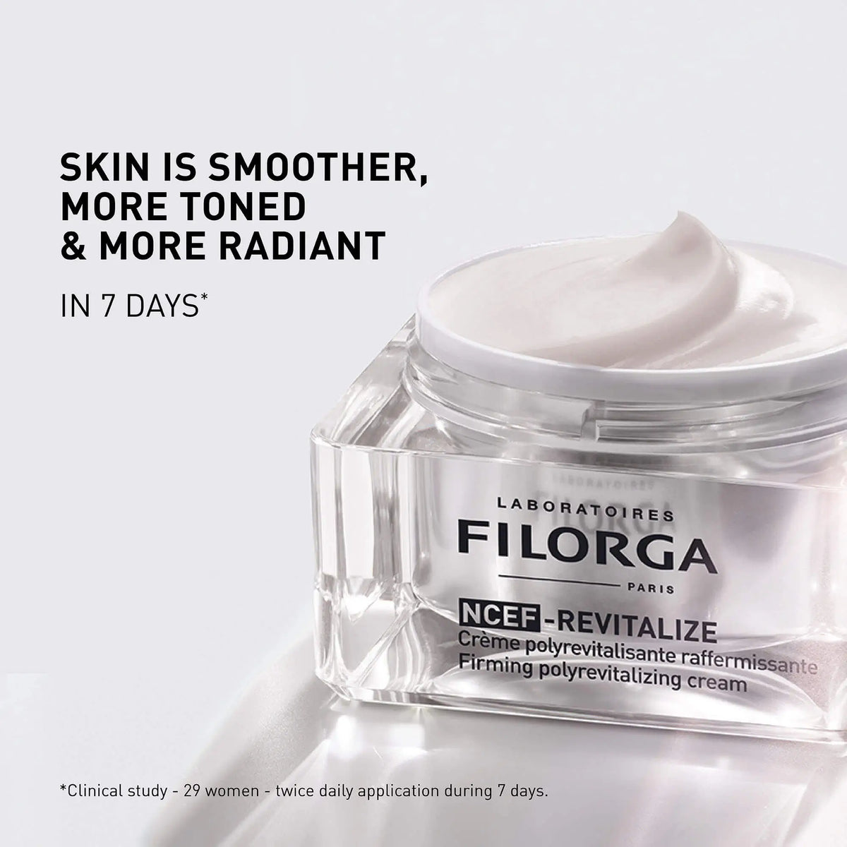 Filorga NCEF-Revitalize creme polirrevitalizante refirmante de 50 ml em boião transparente com tampa prateada.