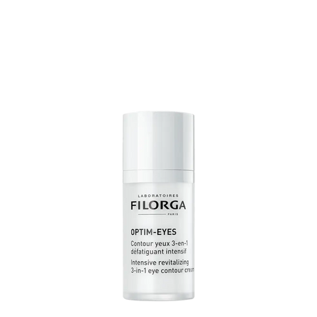 Filorga Optim-Eyes creme de contorno de olhos 3 em 1, frasco airless branco com doseador, 15 ml.