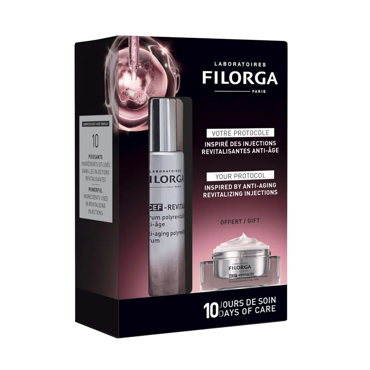 Coffret Filorga Duo NCEF-Revitalize em caixa preta e rosa, com sérum 30 ml e creme 15 ml.