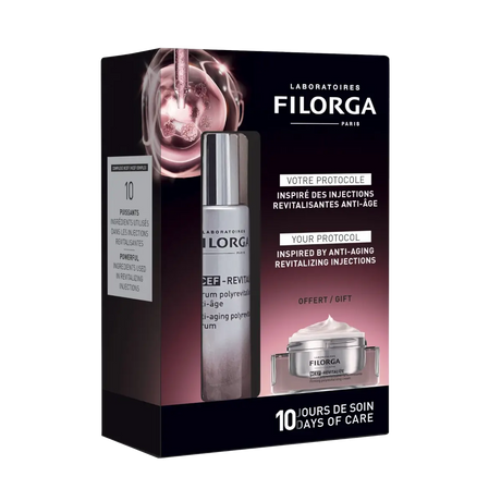 Coffret Filorga Duo NCEF-Revitalize em caixa preta e rosa, com sérum 30 ml e creme 15 ml.