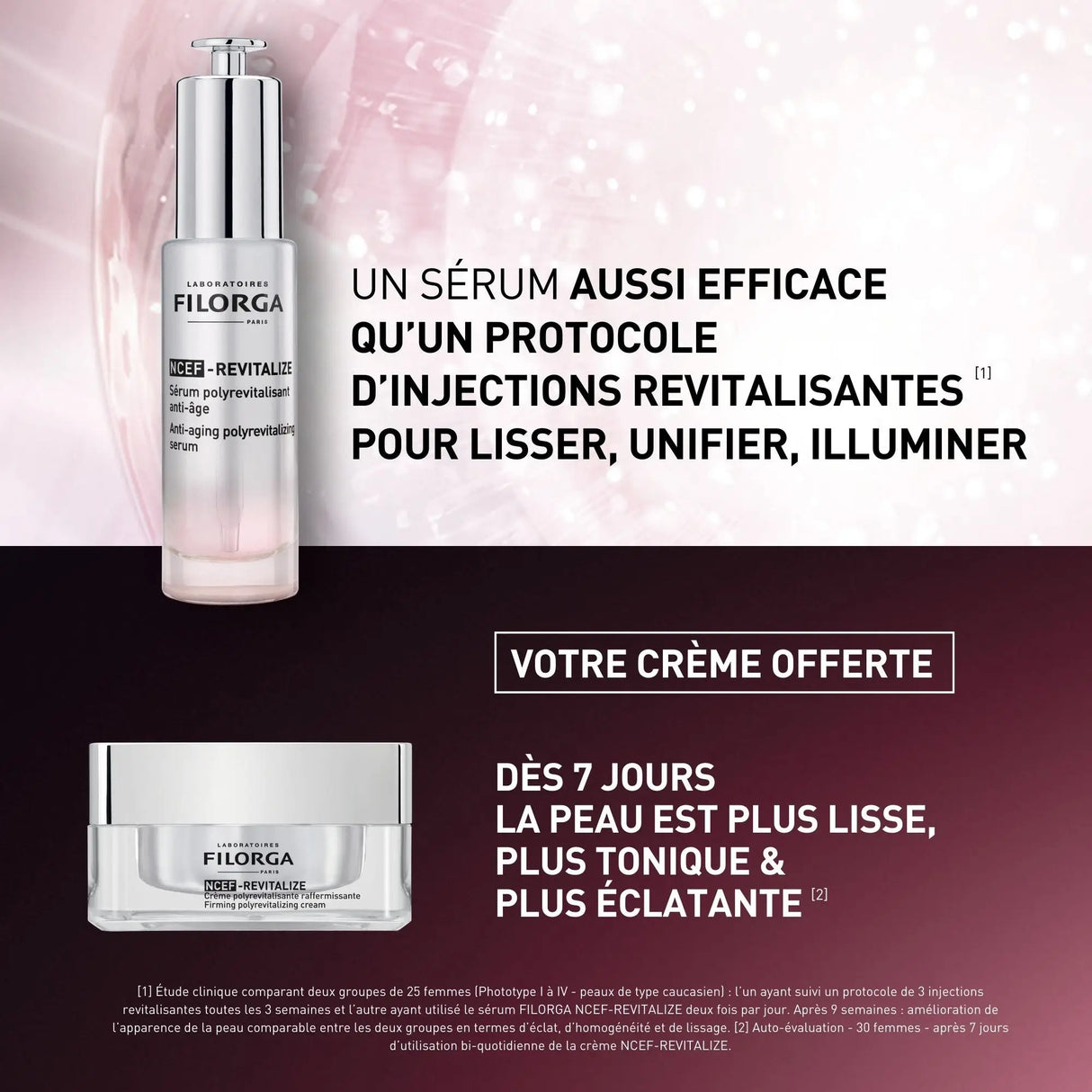 Coffret Filorga Duo NCEF-Revitalize em caixa preta e rosa, com sérum 30 ml e creme 15 ml.