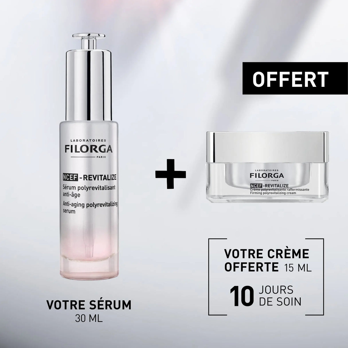 Coffret Filorga NCEF-Revitalize com embalagem preta, sérum de 30 ml e creme de 15 ml.