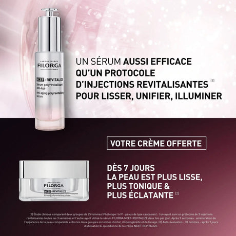 Coffret Filorga NCEF-Revitalize com embalagem preta, sérum de 30 ml e creme de 15 ml.