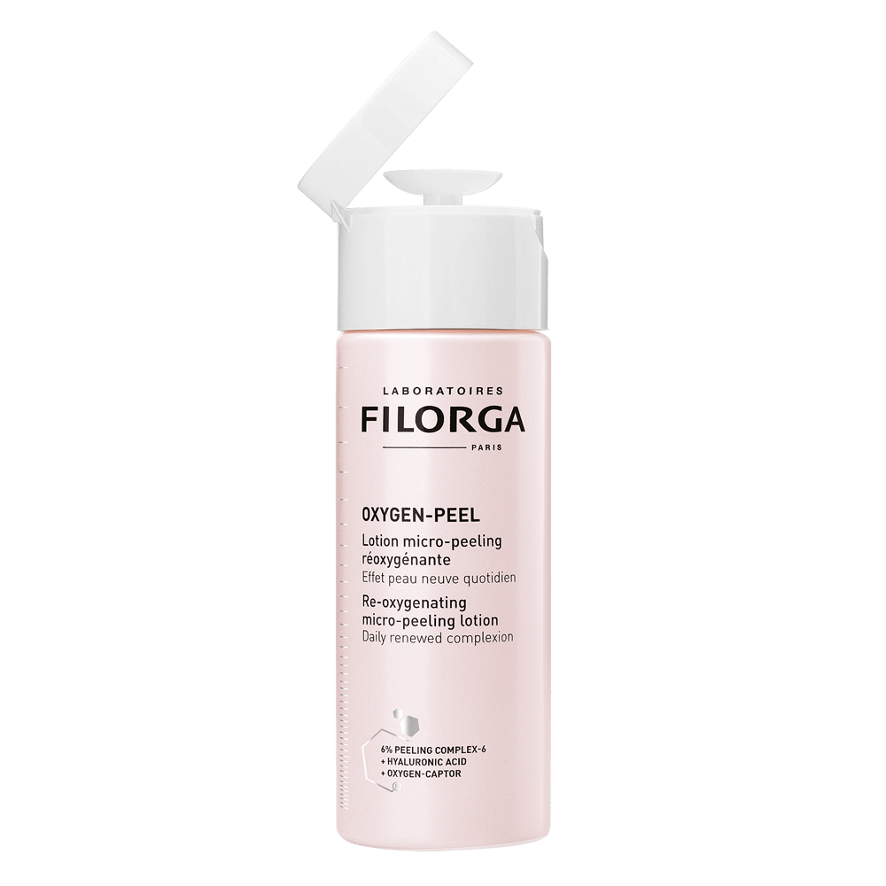Filorga Oxygen-Peel loção micro-peeling reoxigenante facial em frasco rosa-claro com tampa branca, 150 ml.