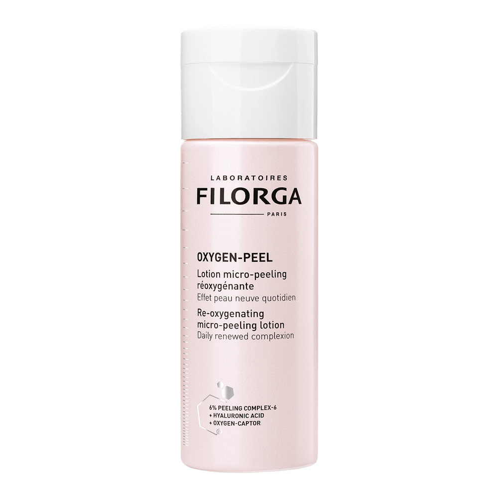 Filorga Oxygen-Peel loção micro-peeling reoxigenante facial em frasco rosa-claro com tampa branca, 150 ml.